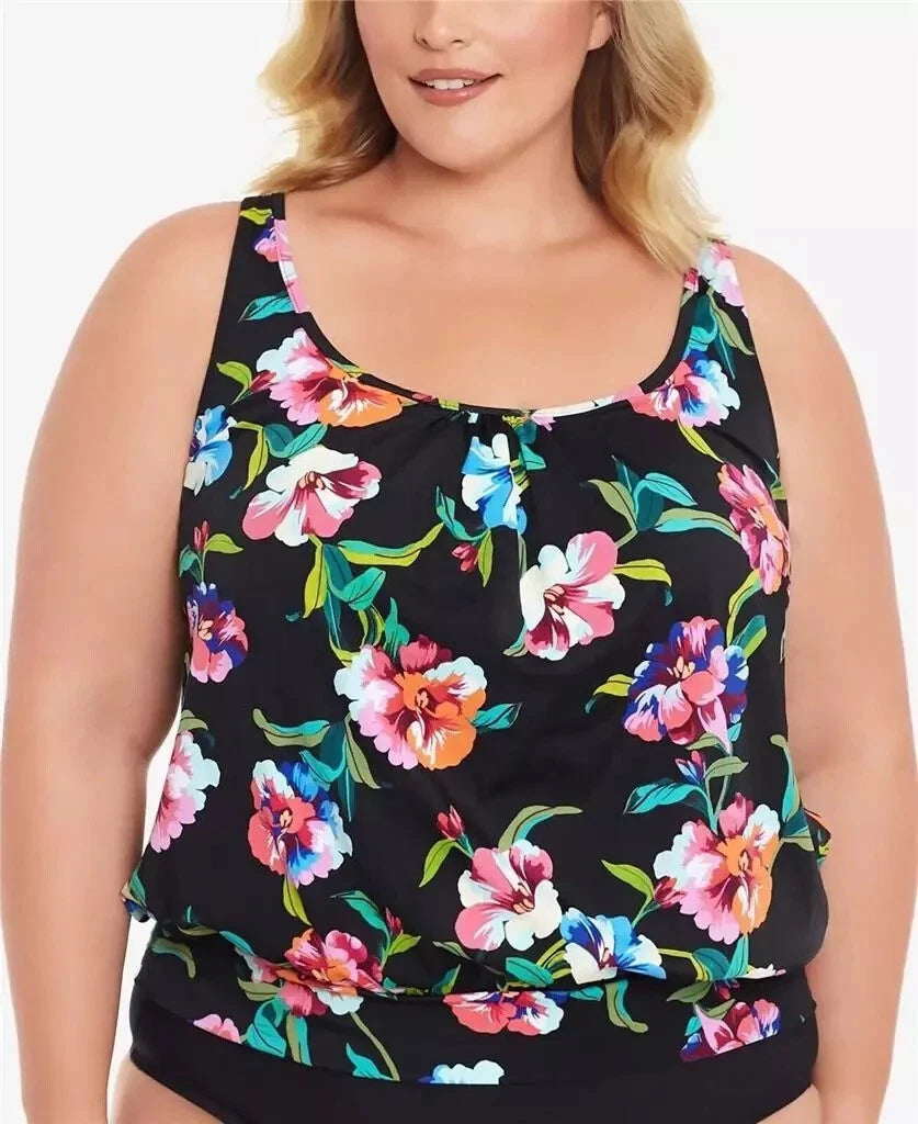 Swim Solutions Shirred Neck Blouson Underwire Tankini Top, MULTI, 18W