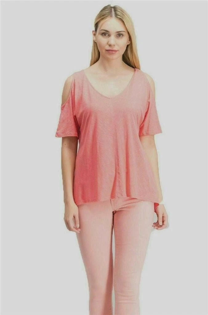 Calvin Klein Women's Cold Shoulder Short Sleeve Top, Pink, M-1