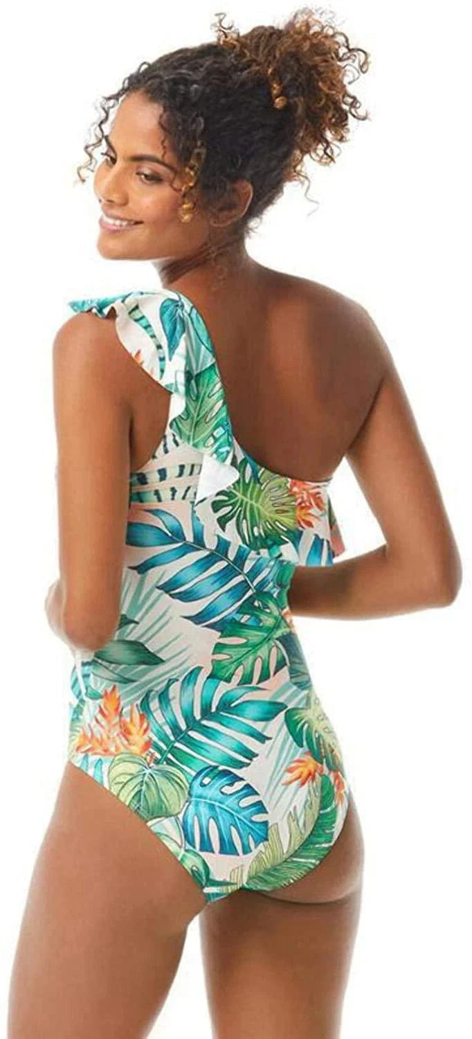 Vince Camuto Lush Tropic Ruffle One Shoulder One-Piece Swimsuit, MULTI, 4-3