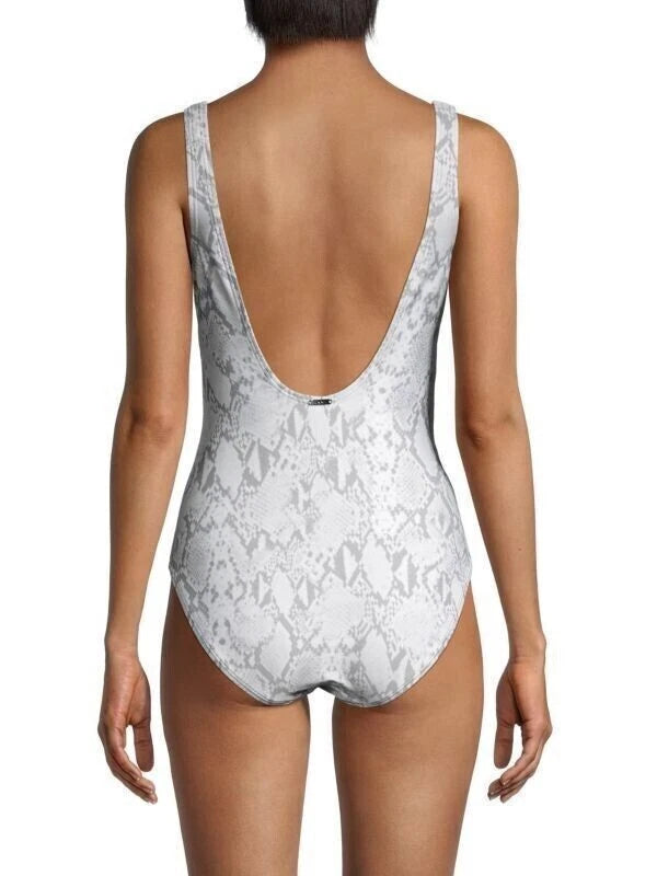 DKNY Women's Twist Front Peekaboo One Piece Swimsuit (Snake Grey, 16)