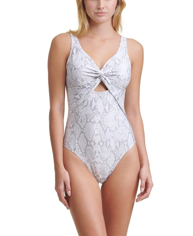DKNY Women's Twist Front Peekaboo One Piece Swimsuit (Snake Grey, 16)-1