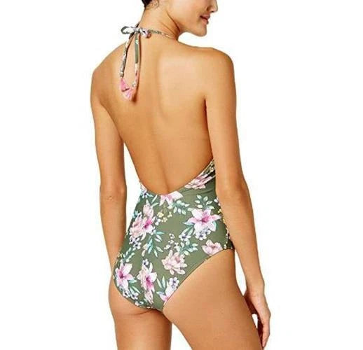 Hula Honey Womens Tropic Romance Floral-Print Halter One-Piece Swimsuit, OLIV, S-2