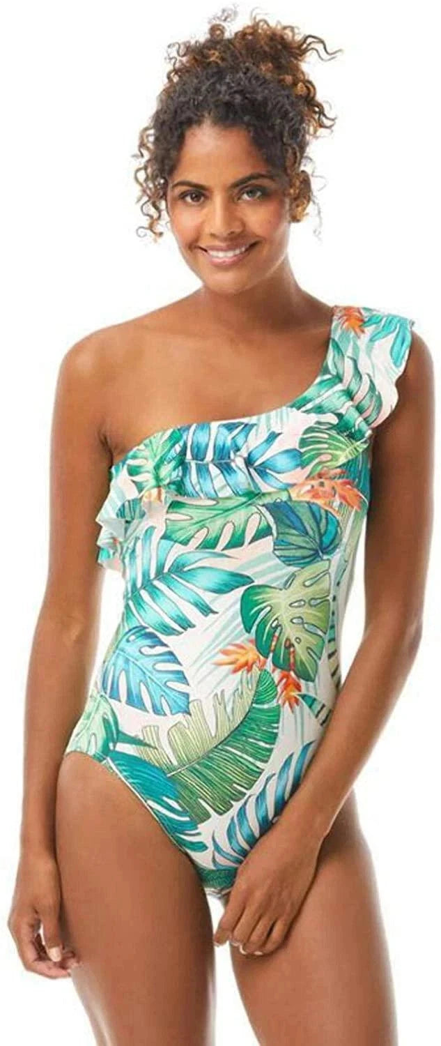 Vince Camuto Lush Tropic Ruffle One Shoulder One-Piece Swimsuit, MULTI, 4-1