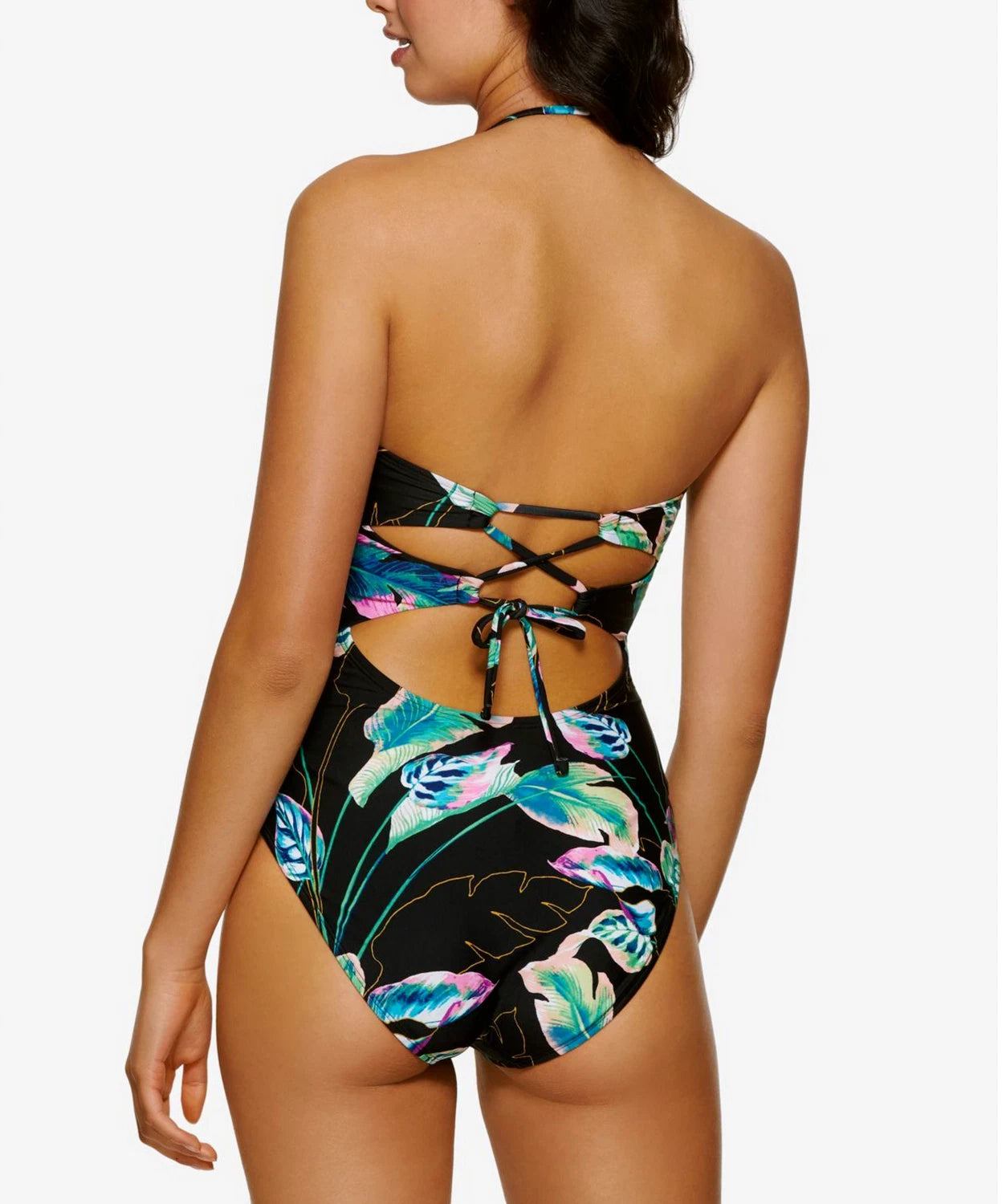 Hula Honey Twisted Palms Printed Cutout One Piece Swimsuit Black Multi S
