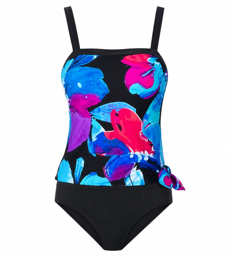 2 Bamboo Ladies' One Piece Swimsuit, BLACK FLORAL, M(8/10)-1