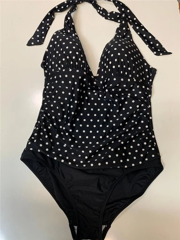 2 bamboo Women's One Piece Swimsuit w/ Tummy Control, Black Polka Dots, LARGE
