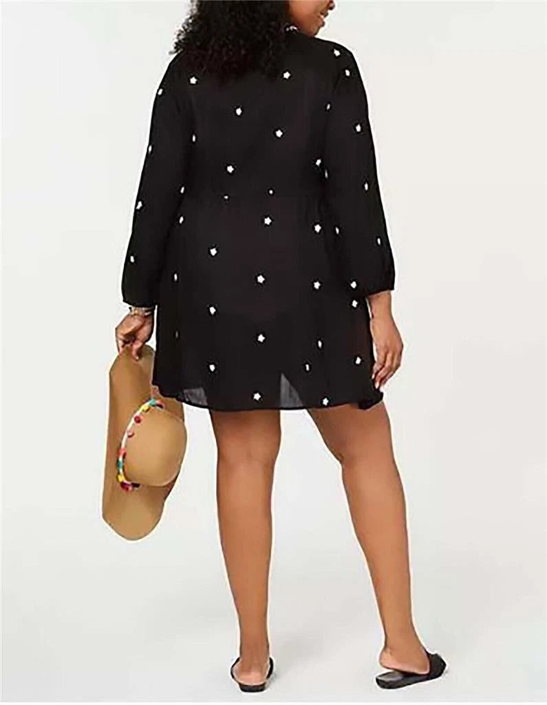 Raviya Embroidered Long Sleeve Swimsuit Cover Up Dress, BLACK, Large-2