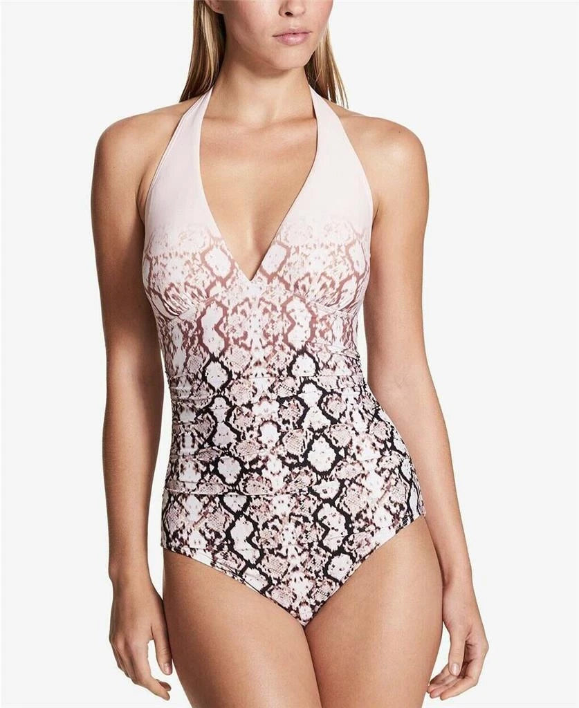Calvin Klein Ombré Plunge One-Piece Halter Swimsuit, Nectar, 4