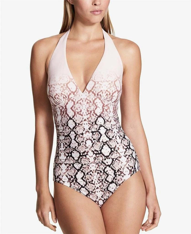 Calvin Klein Ombré Plunge One-Piece Halter Swimsuit, Nectar, 4-1