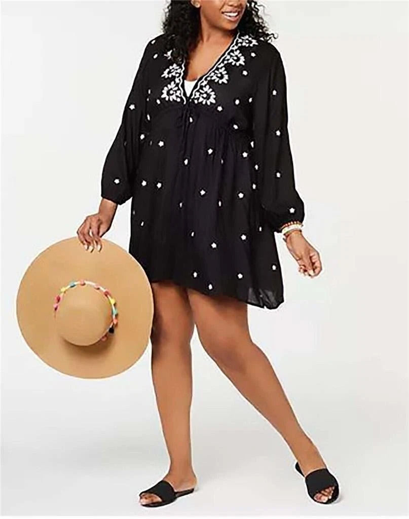 Raviya Embroidered Long Sleeve Swimsuit Cover Up Dress, BLACK, Large-1