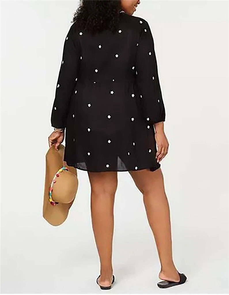Raviya Embroidered Long Sleeve Swimsuit Cover Up Dress, BLACK, 0X-3