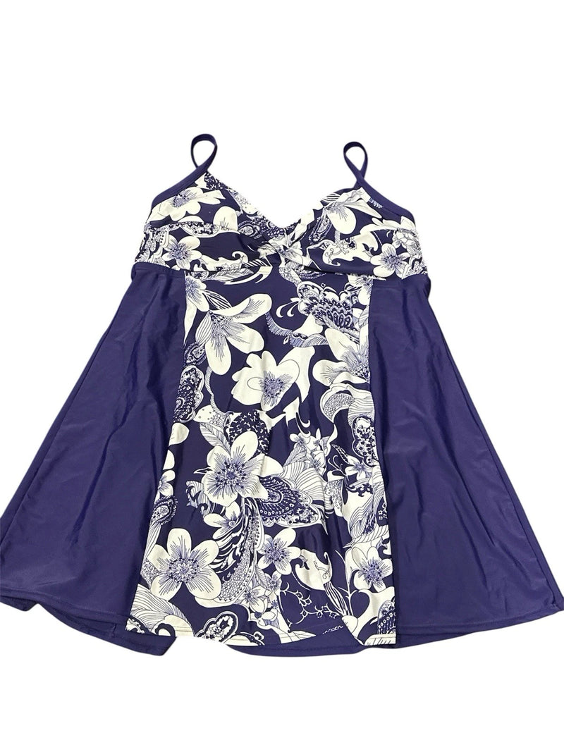Island Escape Twist Front Control One Piece Swimdress, Navy/ Purple Floral, 22W-1