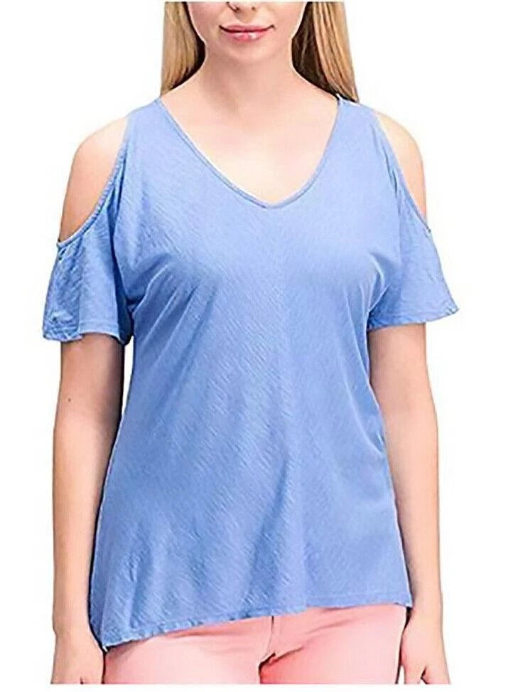 Calvin Klein Women Cold Shoulder Top, BLUE, Large-1