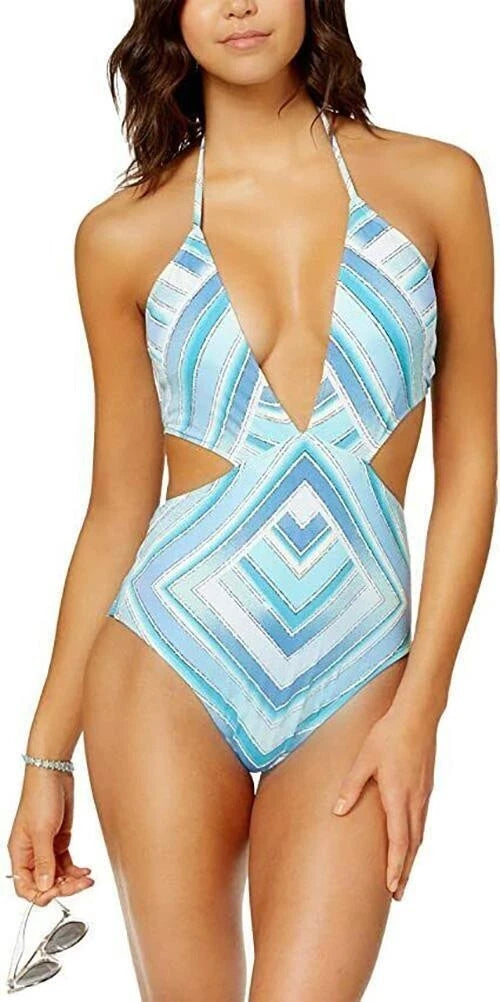 Bar III Printed Plunge Cutout Monokini One-Piece Swimsuit, CRYSTAL BLUE, S-1