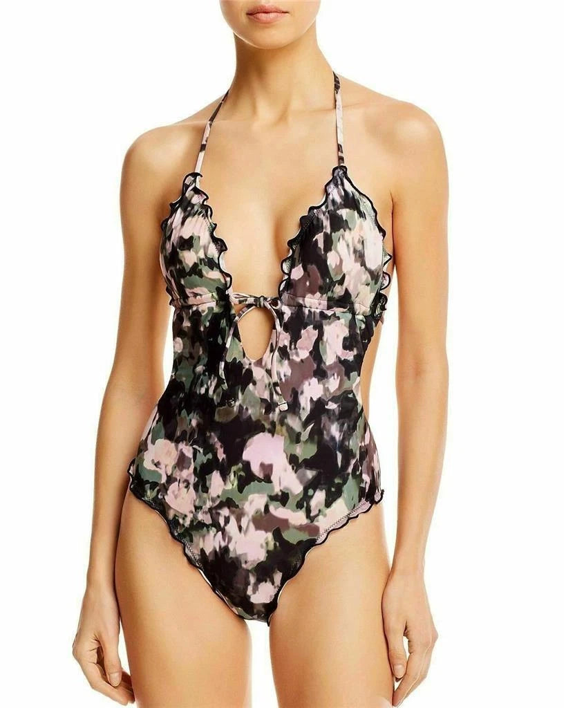 Lucky Brand Smokescreen Ruffle Plunge Monokini One Piece Swimsuit, Multi, XS-1