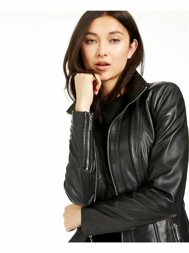 MICHAEL KORS Womens Leather Zip Up Scuba Jacket, BLACK, XS MSRP:$450.00