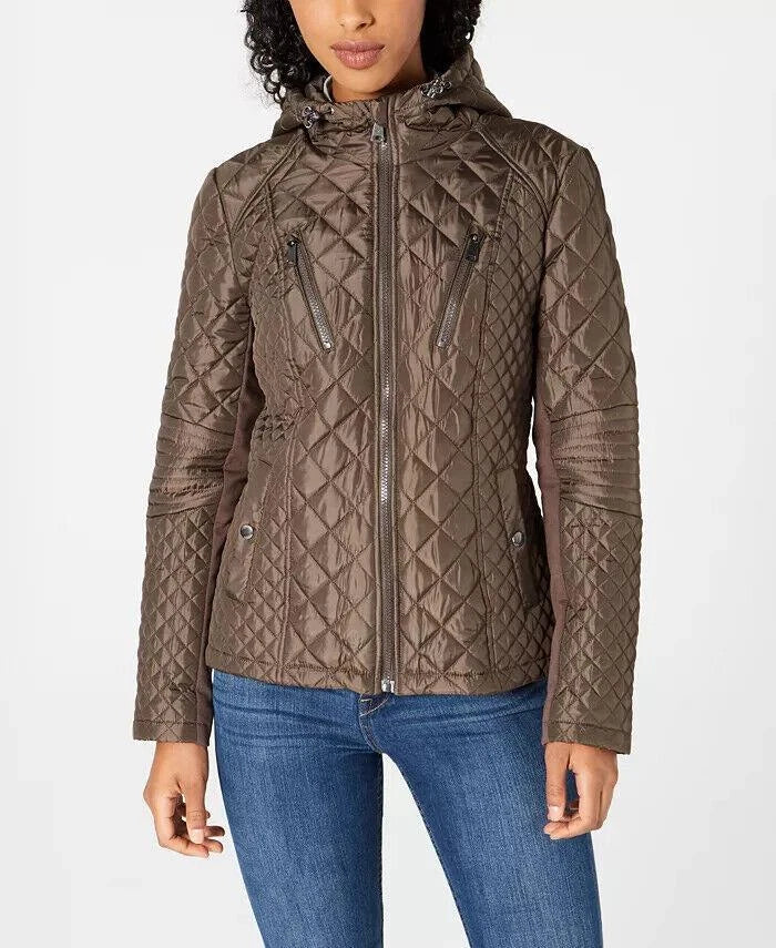 Sebby Women's Junior Hooded Quilted Water Resistant Coat Jacket, Small , Olive-1