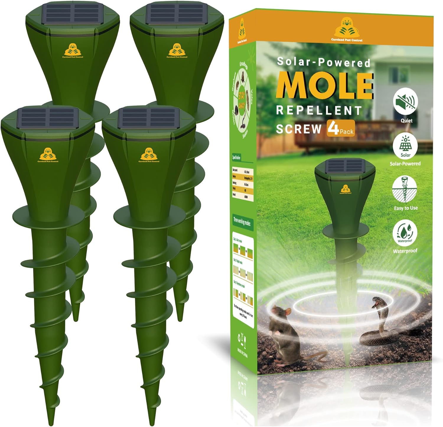 Mole Repellent Screw Solar Powered Outdoor Groundhog Deterrent Vibration Stakes Quiet Get Rid of Snake Vole Gopher Armadillo for Yard Lawns - No Noise Poison Kill Traps (Green 4pack)-1