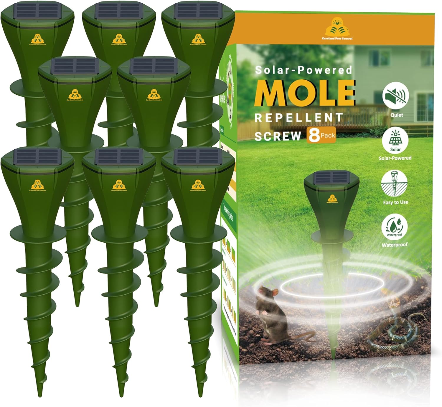 Mole Repellent Screw Solar Powered Outdoor Groundhog Deterrent Vibration Stakes Quiet Get Rid of Snake Vole Gopher Armadillo for Yard Lawns - No Noise Poison Kill Traps (Green 8pack)-1