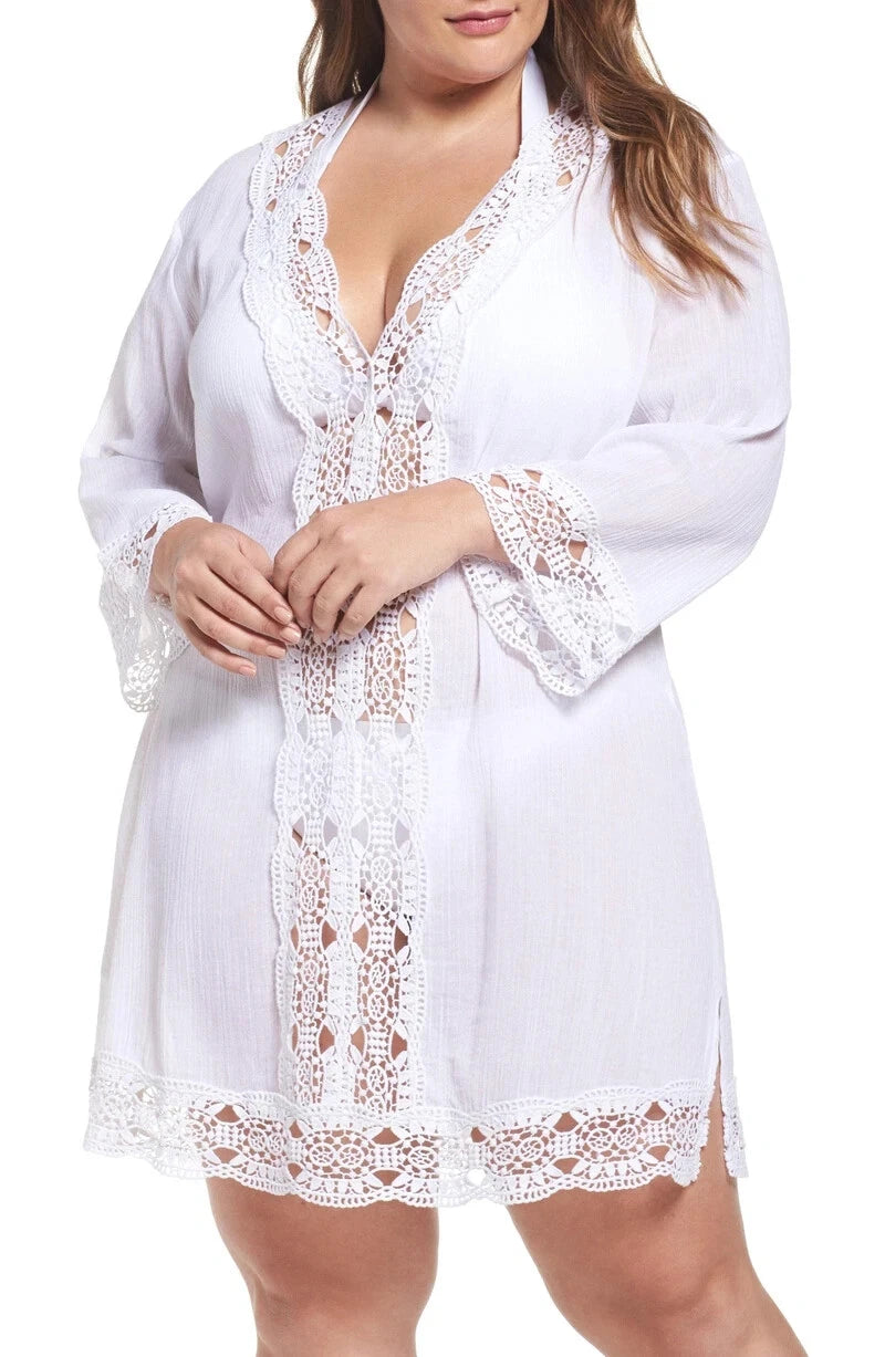 La Blanca Women's Island Fare V-Neck Tunic Cover Up Swimwear, White, 1X-1