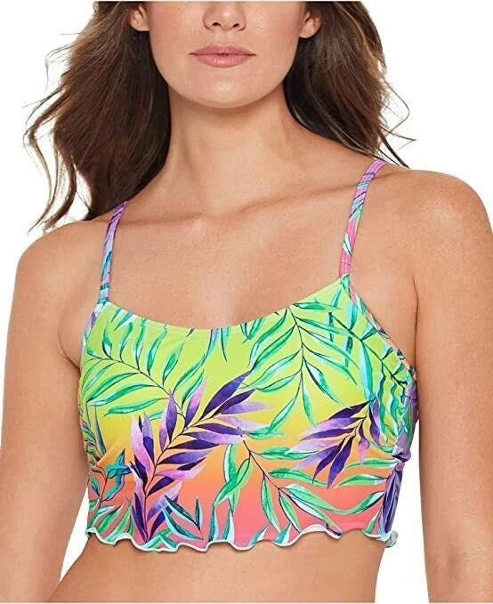SALT + COVE Women's Stretch Ruffled Hem Deep V Neck Swimsuit Top, Green, XS-1