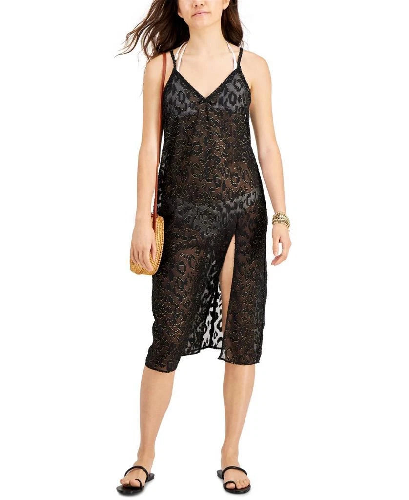 MIKEN Women's Textured Slit Dress Deep V Neck Metallic Swimsuit Cover Up L