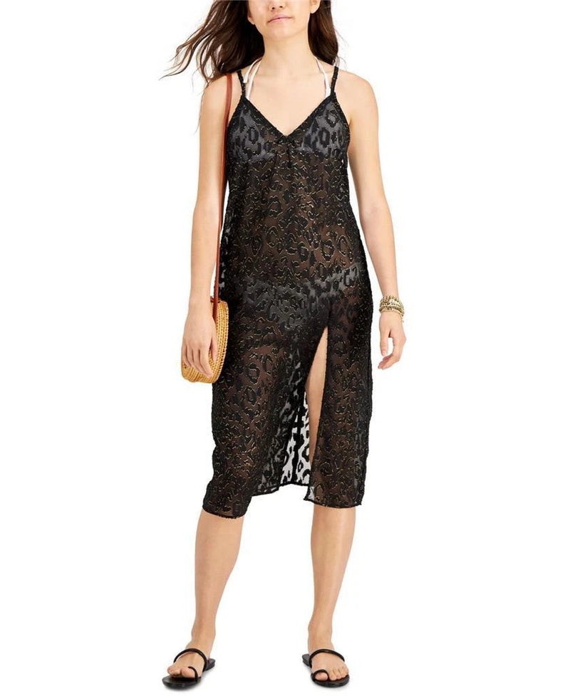 MIKEN Women's Textured Slit Dress Deep V Neck Metallic Swimsuit Cover Up L-1