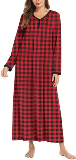 Ekouaer Women's Long Sleeve Nightgown Full Length Sleepwear Long Sleepshirts Henley Sleep Dress S-4XL-83