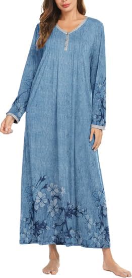 Ekouaer Women's Long Sleeve Nightgown Full Length Sleepwear Long Sleepshirts Henley Sleep Dress S-4XL-92