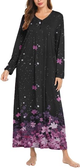 Ekouaer Women's Long Sleeve Nightgown Full Length Sleepwear Long Sleepshirts Henley Sleep Dress S-4XL-28