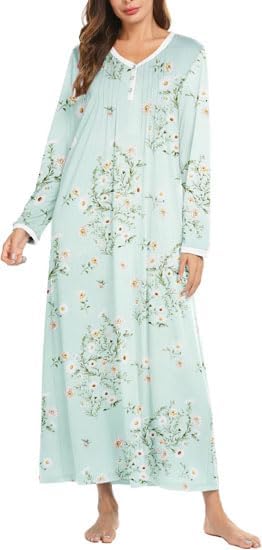 Ekouaer Women's Long Sleeve Nightgown Full Length Sleepwear Long Sleepshirts Henley Sleep Dress S-4XL-38