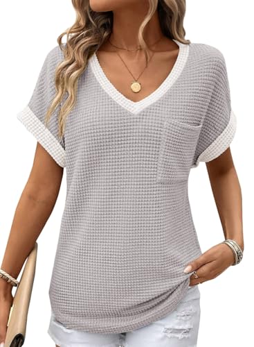 Dokotoo Womens Waffle Knit Tops 2026 Spring Summer V Neck Shirts Casual Trendy Women's Blouses Basic Tee-24