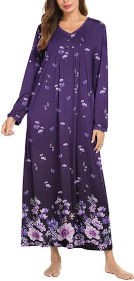 Ekouaer Women's Long Sleeve Nightgown Full Length Sleepwear Long Sleepshirts Henley Sleep Dress S-4XL-42