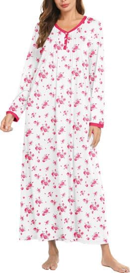 Ekouaer Women's Long Sleeve Nightgown Full Length Sleepwear Long Sleepshirts Henley Sleep Dress S-4XL-71