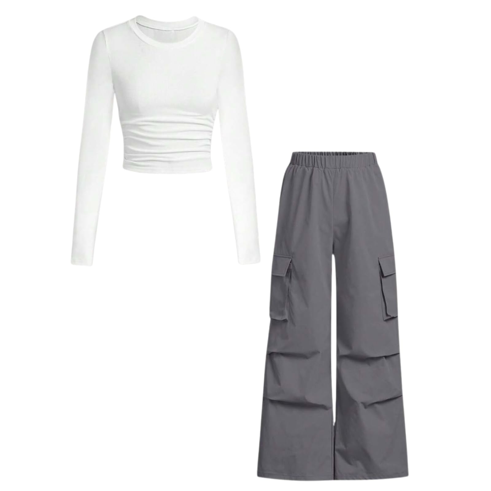 Azmxynol Girls Clothes 2 Piece Outfit Ribbed T-Shirt Top + Cargo Pants, Girls Fall Clothing Set, Sizes 5-16 Years