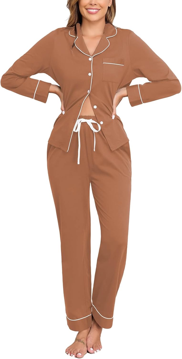 Veseacky 100% Cotton Pajamas for Women Set Long Sleeve Button Down Sleepwear Soft Pjs Lounge Sets with Pockets XS-XXL-89