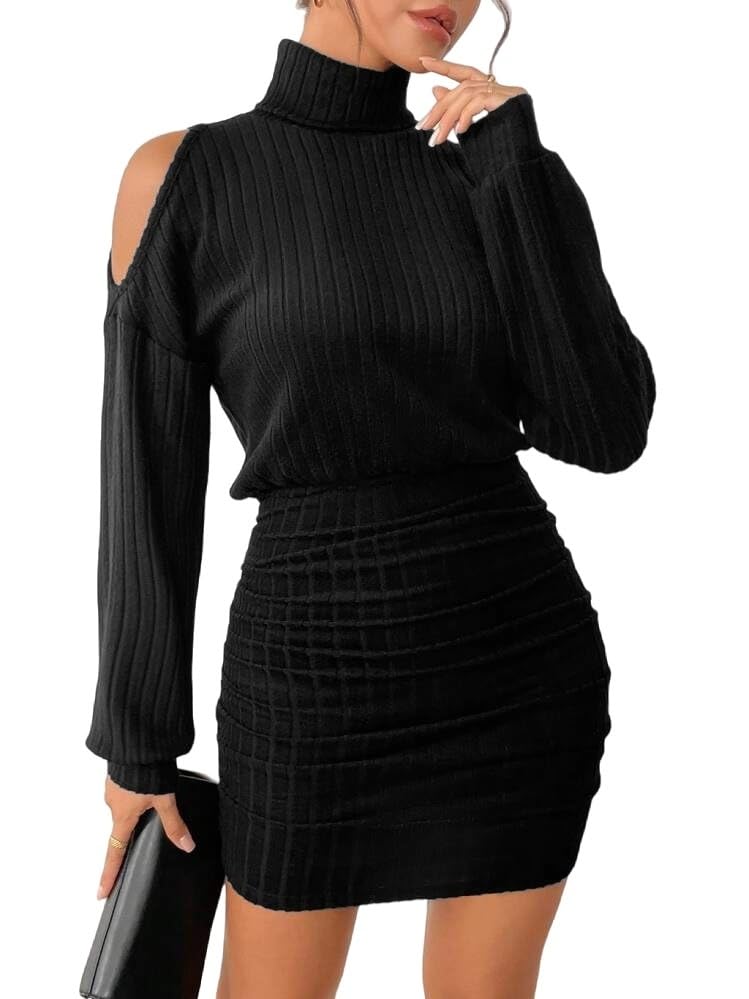 Women's Pullover Sweater Dress Long Lantern Sleeve Turtle Neck Cute Ribbed Knit Bodycon Mini Short Dress 2025 Fall-11