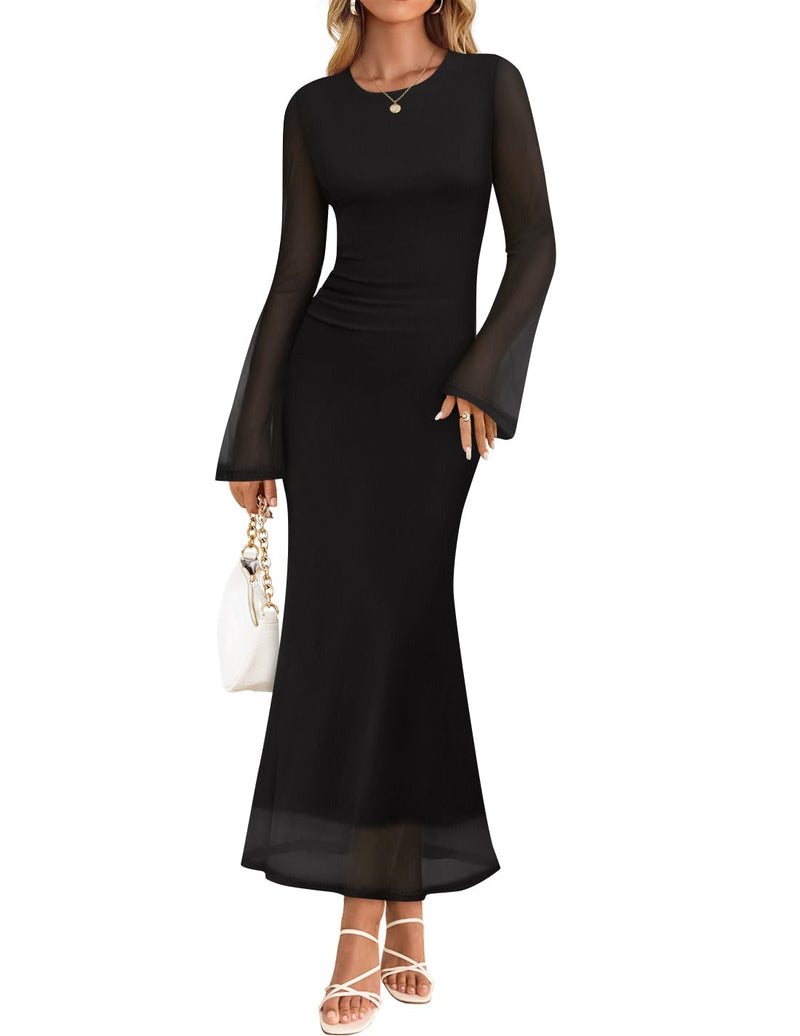 ZESICA Women's Long Sleeve Floral Bodycon Dress 2026 Spring Fall Ruched Mesh Wedding Guest Cocktail Party Maxi Dresses-33