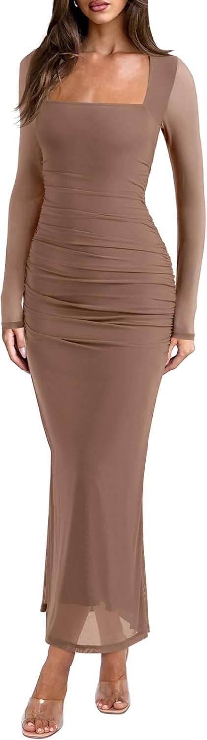 REORIA Long Sleeve Wedding Guest Maxi Dresses for Women Sheer Mesh Square Neck Ruched Bodycon Long Dress 2025 Fall Outfits-38