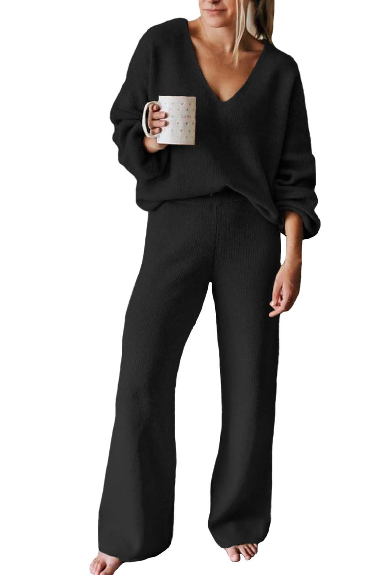 Viottiset Women's 2 Piece Outfits Casual V Neck Knit Wide Leg Sweater Lounge Set Sweatsuit-19