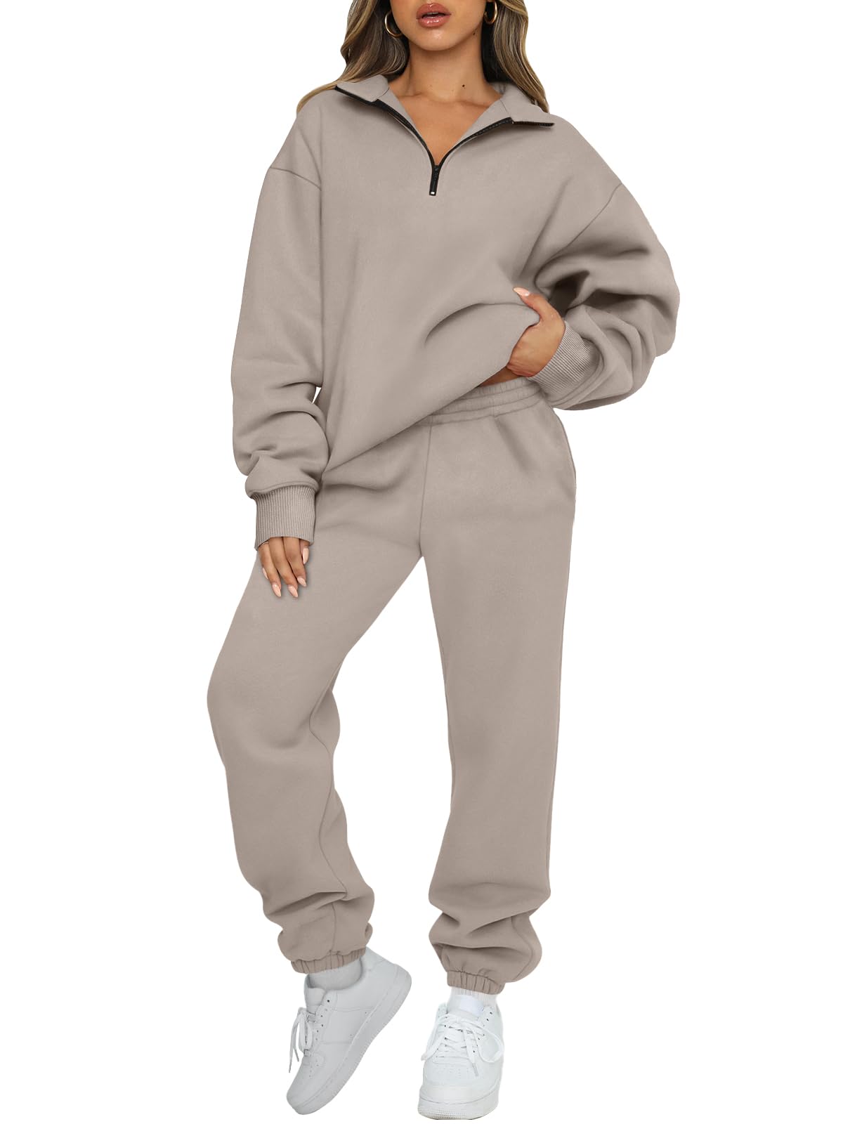 AUTOMET Women's Sweatsuits 2 Piece Outfits Lounge Sets Long Sleeve Half Zip Pullover and Baggy Sweatpants with Pockets-77