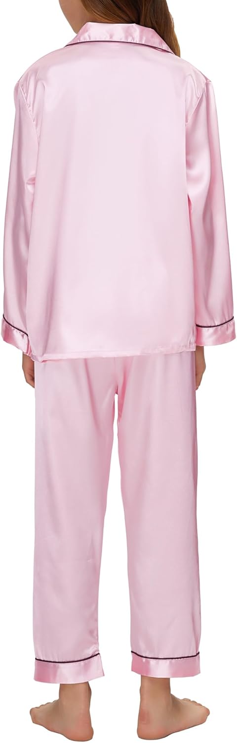 EPLAZA Kids Satin Pajamas Sets Girls Boys Button-Down Silky Pajamas Sleepwear with Hairband Eye Mask Hair Tie