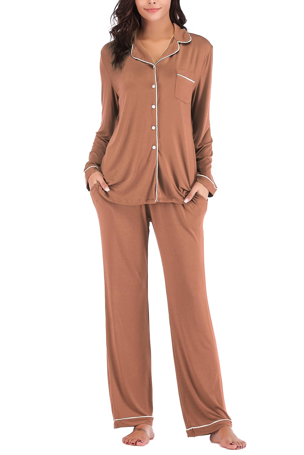 Aamikast Women's Pajama Sets Long Sleeve Button Down Sleepwear Nightwear Soft Pjs Lounge Sets-47