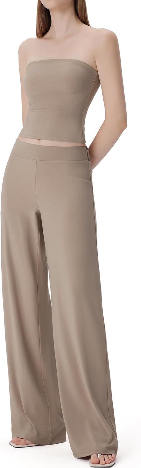 SUUKSESS Women 2 Piece Lounge Set Tube Top Wide Leg Pants Matching Sets Beach Vacation Outfits-13
