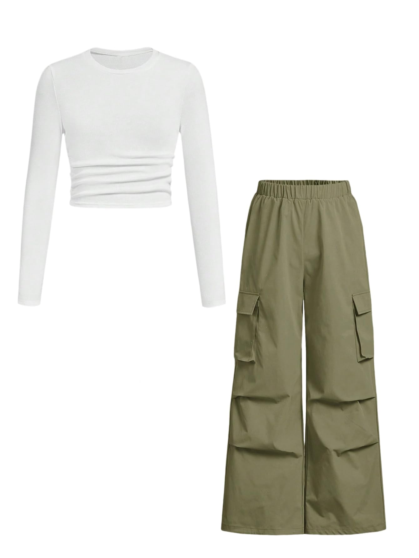 Azmxynol Girls Clothes 2 Piece Outfit Ribbed T-Shirt Top + Cargo Pants, Girls Fall Clothing Set, Sizes 5-16 Years