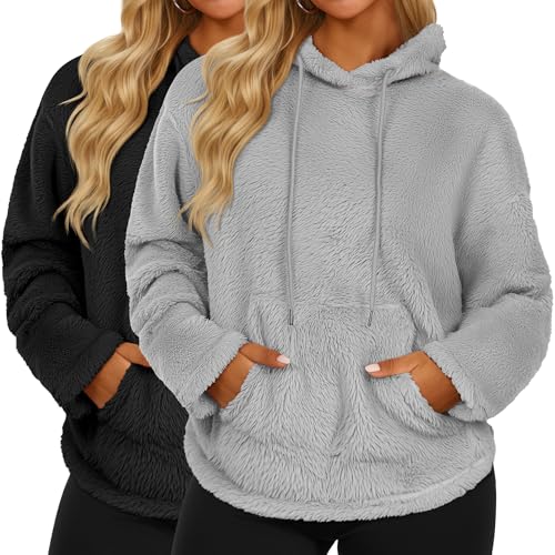 2 Pack Women's Double Fuzzy Fleece Hoodies, Kangaroo Pocket Pullover Winter Drawstring Oversized Loose Sweatshirts-15
