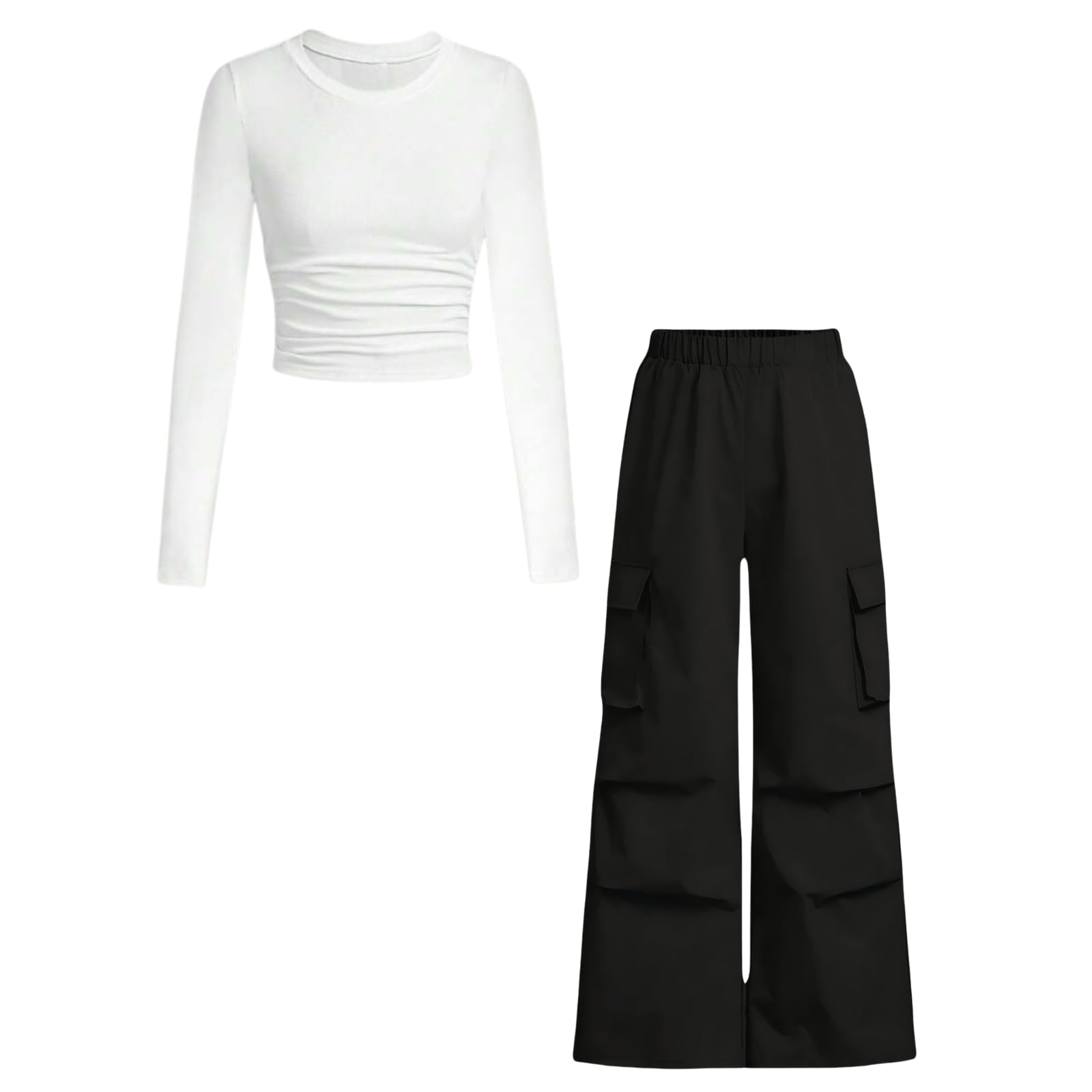 Azmxynol Girls Clothes 2 Piece Outfit Ribbed T-Shirt Top + Cargo Pants, Girls Fall Clothing Set, Sizes 5-16 Years-49