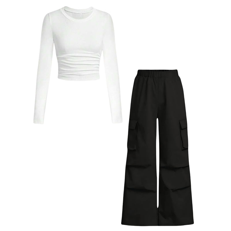 Azmxynol Girls Clothes 2 Piece Outfit Ribbed T-Shirt Top + Cargo Pants, Girls Fall Clothing Set, Sizes 5-16 Years-49