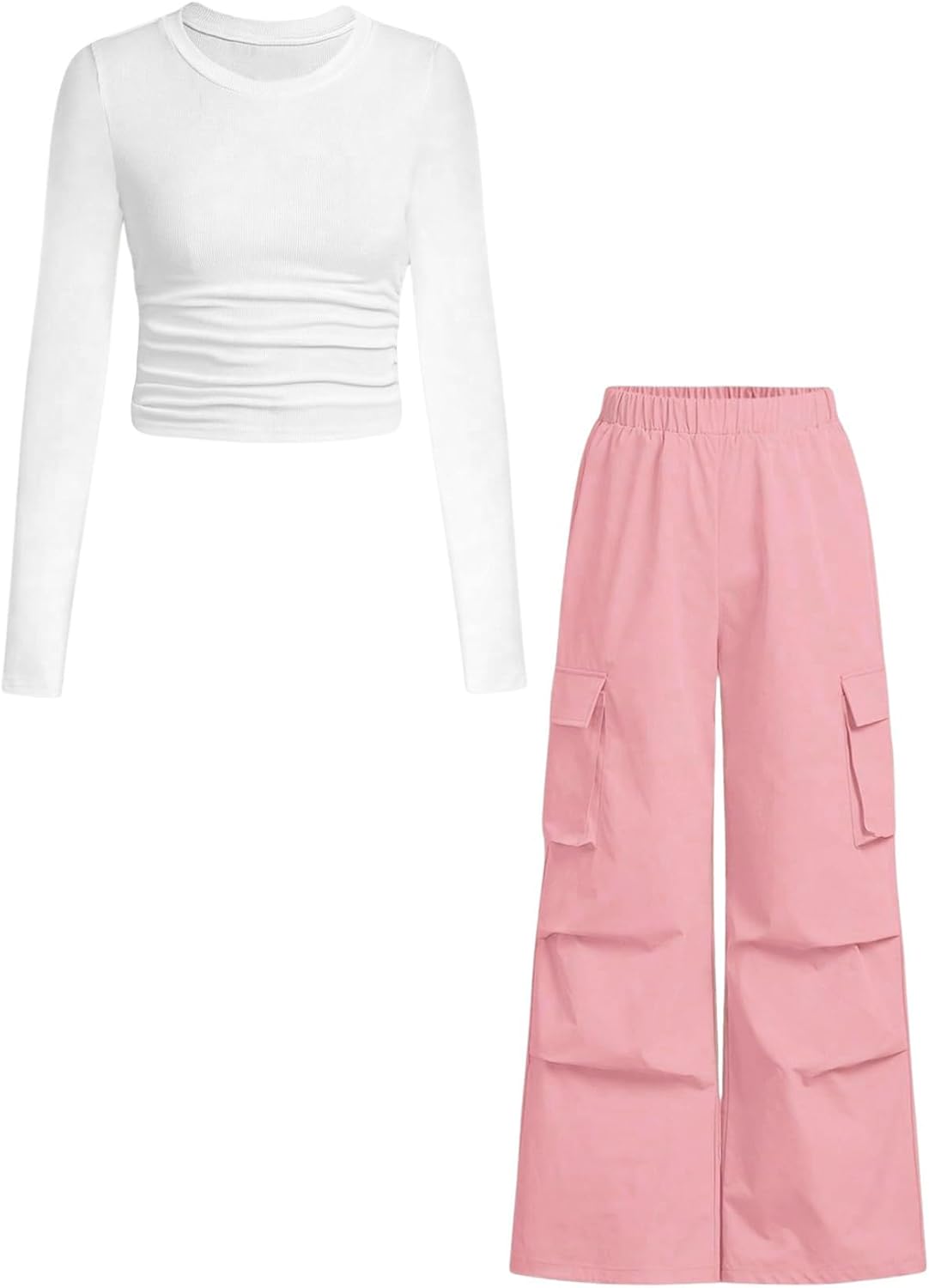 Azmxynol Girls Clothes 2 Piece Outfit Ribbed T-Shirt Top + Cargo Pants, Girls Fall Clothing Set, Sizes 5-16 Years