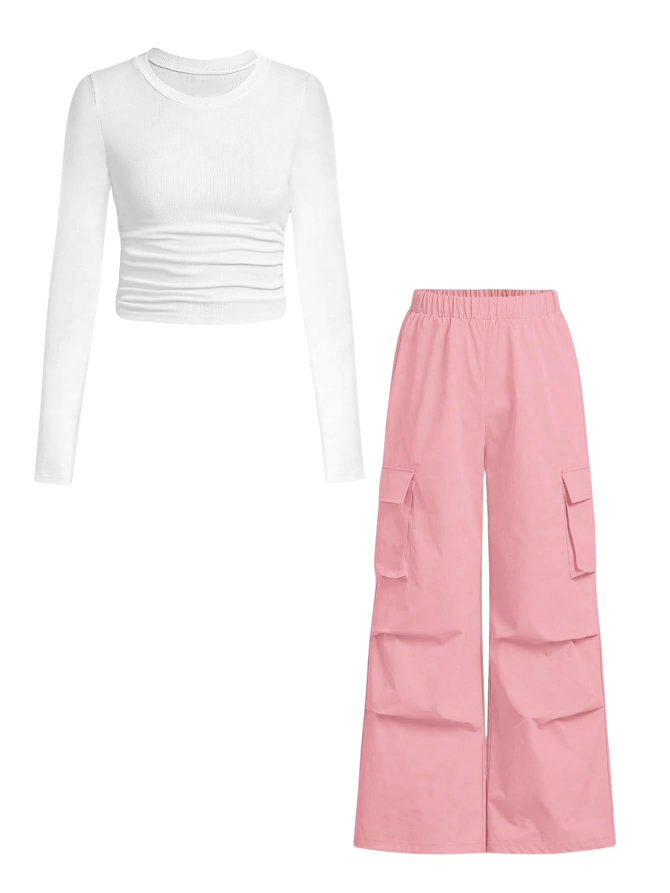 Azmxynol Girls Clothes 2 Piece Outfit Ribbed T-Shirt Top + Cargo Pants, Girls Fall Clothing Set, Sizes 5-16 Years